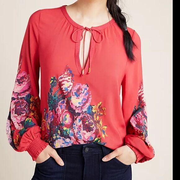 Anthropologie Monica Red Floral Embroidered Top| Size S - Picture 1 of 10